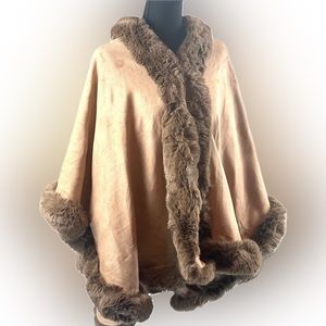 Light Coffee Brown Faux Fur Ponchos KHAKI Open Front Ruana Cape